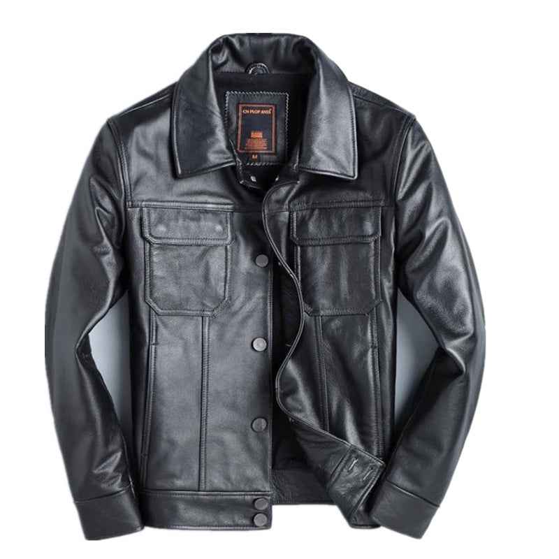Top Layer Cowhide Leather Jacket Men's Slim Short Style - ClickNbuy