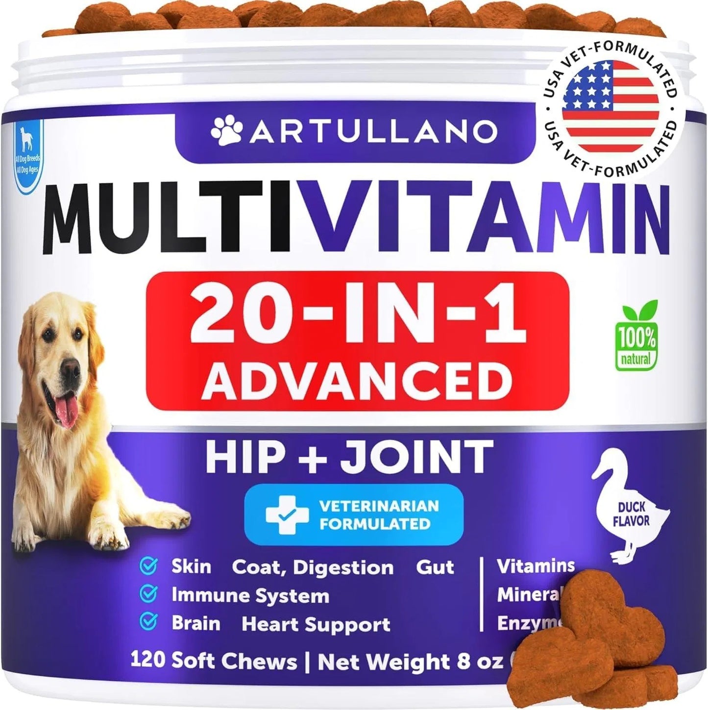 Dog Multivitamin Chews with Glucosamine - 20 in 1 Senior & Puppy Vitamins for Joint, Immune, Mobility, Gut, and Skin Health - 120 Chews