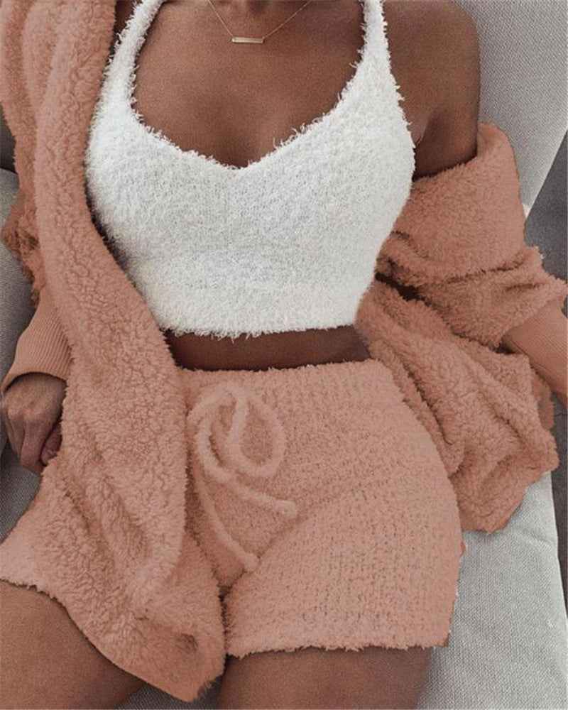 3PC Womens Pajama Set Long Sleeve Crop Top and Drawstring Shorts - ClickNbuy