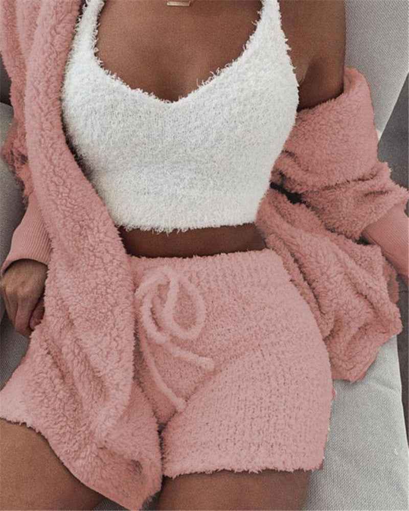 3PC Womens Pajama Set Long Sleeve Crop Top and Drawstring Shorts - ClickNbuy