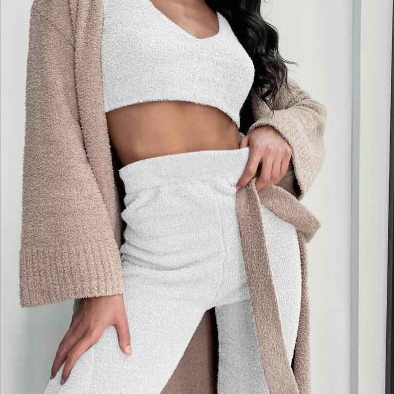 3PC Womens Pajama Set Long Sleeve Crop Top and Drawstring Shorts - ClickNbuy