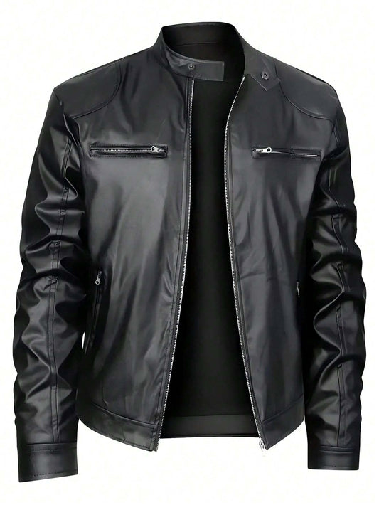 Men's Leather Jacket Stand-up Collar Business Casual Style - ClickNbuy
