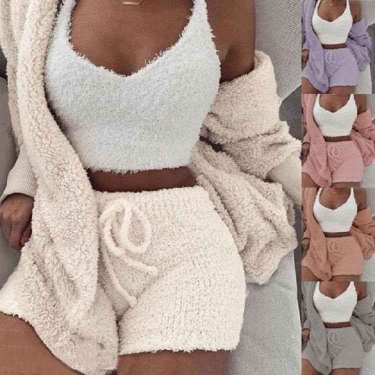 3PC Womens Pajama Set Long Sleeve Crop Top and Drawstring Shorts - ClickNbuy