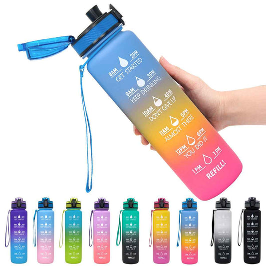 1L Tritan Water Bottle with Time Marker for Sports Fitness - Leakproof Cycling Motivational Cup - ClickNbuy