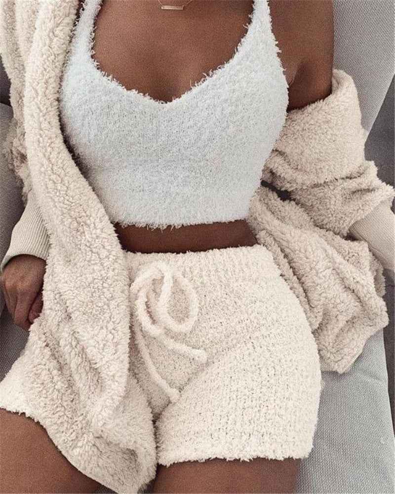 3PC Womens Pajama Set Long Sleeve Crop Top and Drawstring Shorts - ClickNbuy