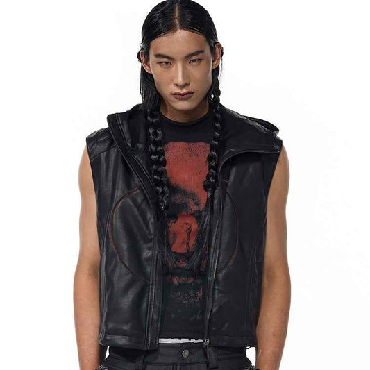 Short Hood Men's Slim Fit Leather Waistcoat with Five-pointed Star Design PU Leather - ClickNbuy