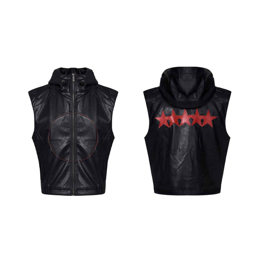 Short Hood Men's Slim Fit Leather Waistcoat with Five-pointed Star Design PU Leather - ClickNbuy