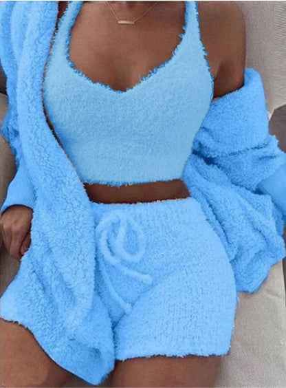 3PC Womens Pajama Set Long Sleeve Crop Top and Drawstring Shorts - ClickNbuy