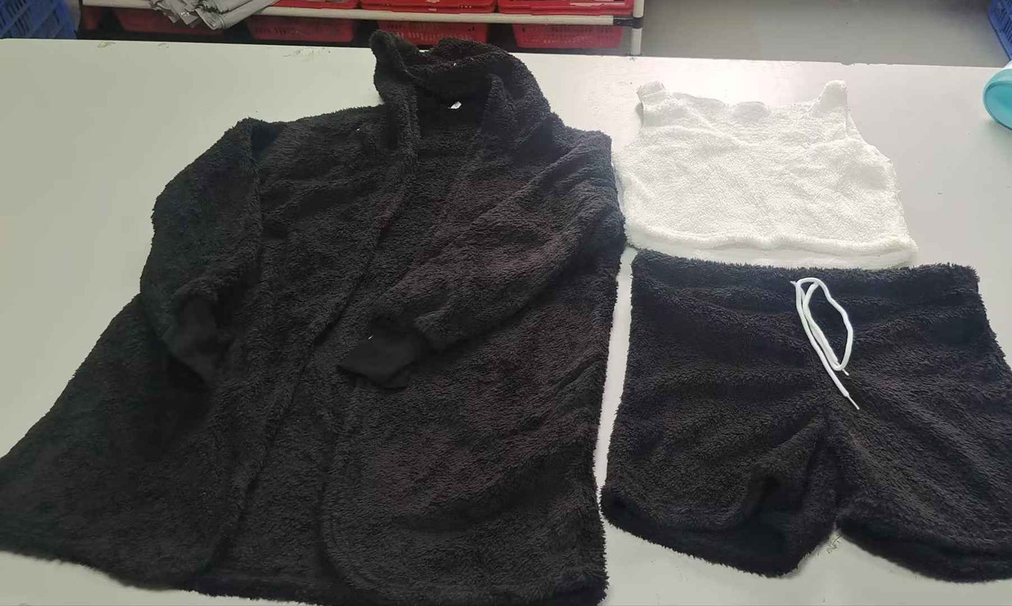 3PC Womens Pajama Set Long Sleeve Crop Top and Drawstring Shorts - ClickNbuy