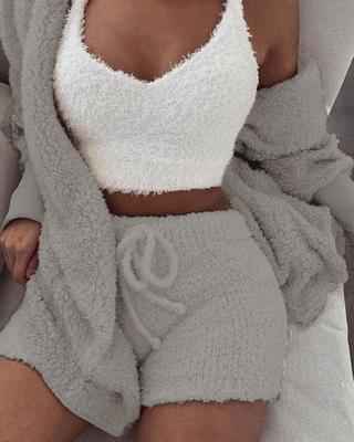 3PC Womens Pajama Set Long Sleeve Crop Top and Drawstring Shorts - ClickNbuy