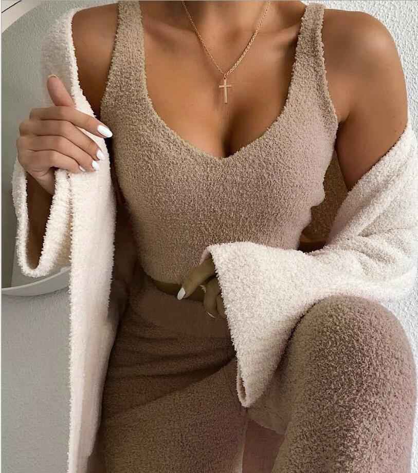 3PC Womens Pajama Set Long Sleeve Crop Top and Drawstring Shorts - ClickNbuy