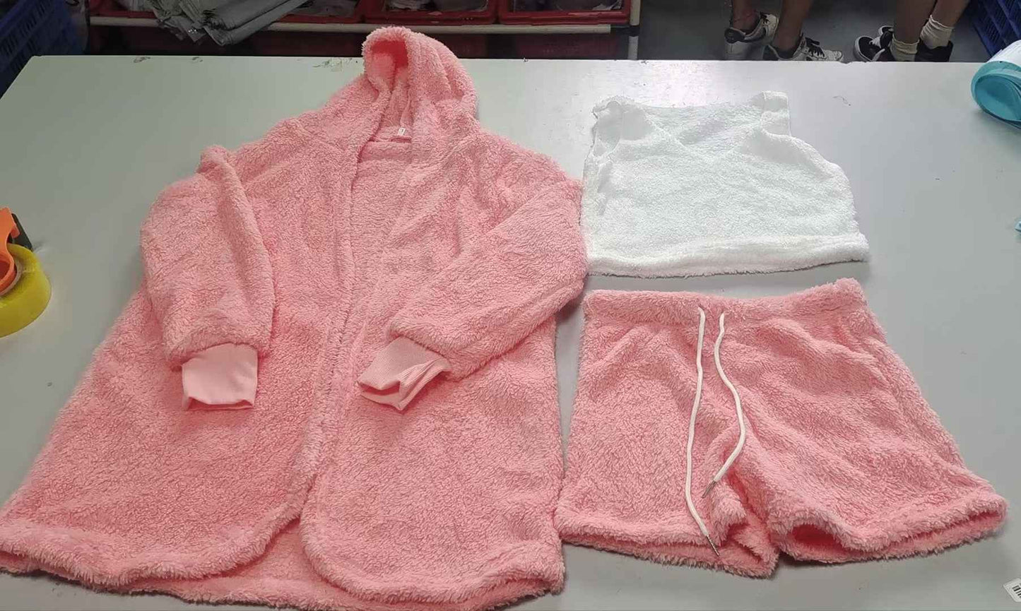 3PC Womens Pajama Set Long Sleeve Crop Top and Drawstring Shorts - ClickNbuy