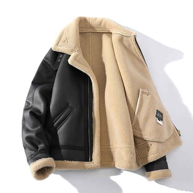 Winter Sheepskin Leather Coat - Summit Ice Jacket with Thickened Fleece-lined Short Design - ClickNbuy