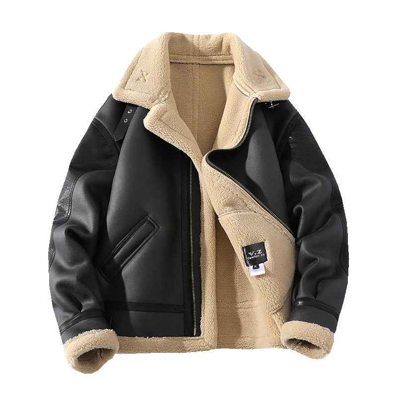 Winter Sheepskin Leather Coat - Summit Ice Jacket with Thickened Fleece-lined Short Design - ClickNbuy