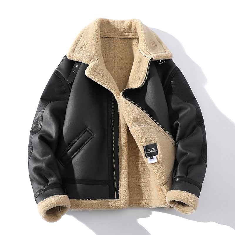 Winter Sheepskin Leather Coat - Summit Ice Jacket with Thickened Fleece-lined Short Design - ClickNbuy