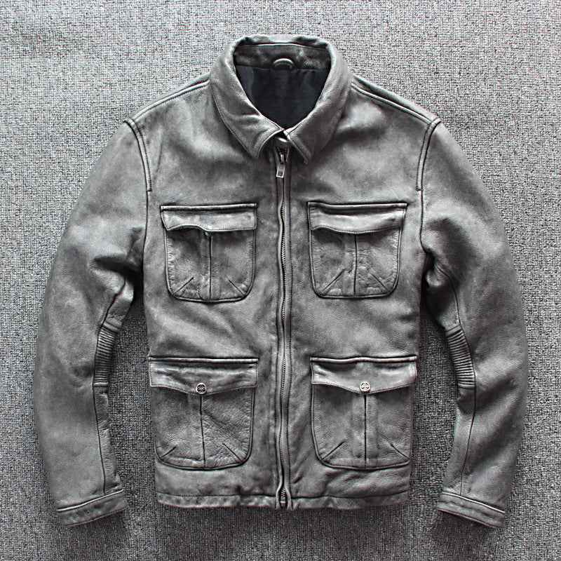 Men's Leather Motorcycle Jacket with Pocket for Business Wear and Casual Style - ClickNbuy