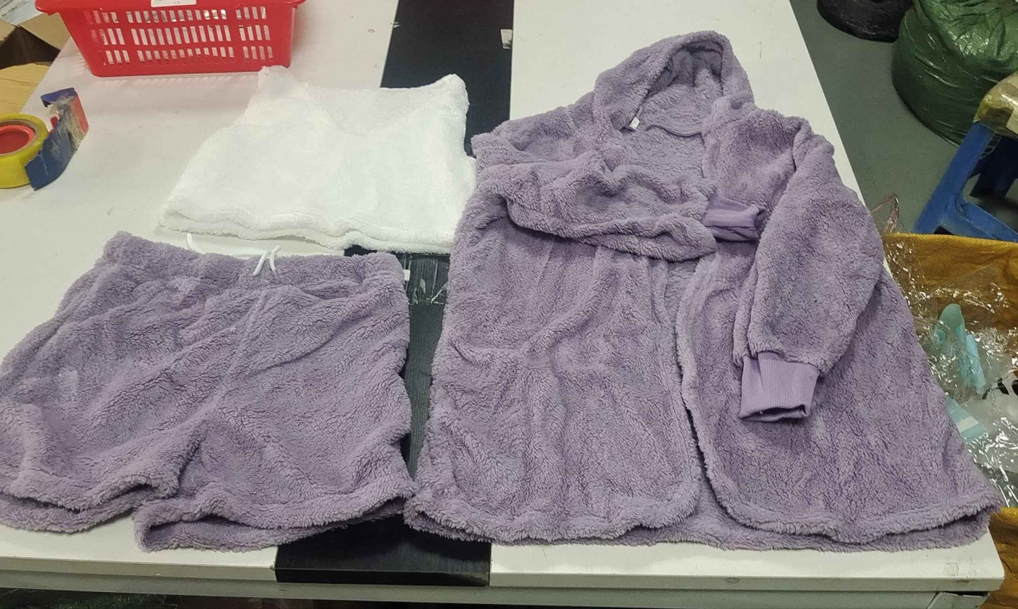 3PC Womens Pajama Set Long Sleeve Crop Top and Drawstring Shorts - ClickNbuy